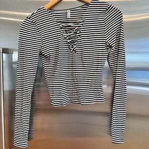 LF Emma and Sam Black White Striped Ribbed Long Sleeve Top with lace up front